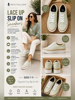 Revitalign Light Green Canvas Lace Up Slip On Comfort Sneakers NIB Womens 7-11